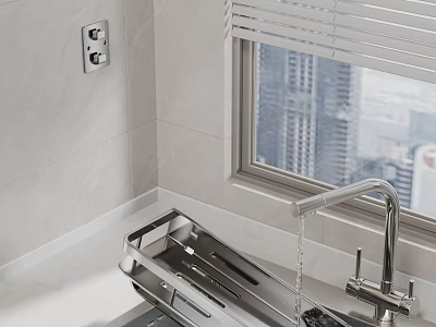 Sink Area In Kitchen With Running Faucet White Tiled Wall And City View Through Blinds 3d model