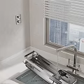 Sink Area In Kitchen With Running Faucet White Tiled Wall And City View Through Blinds