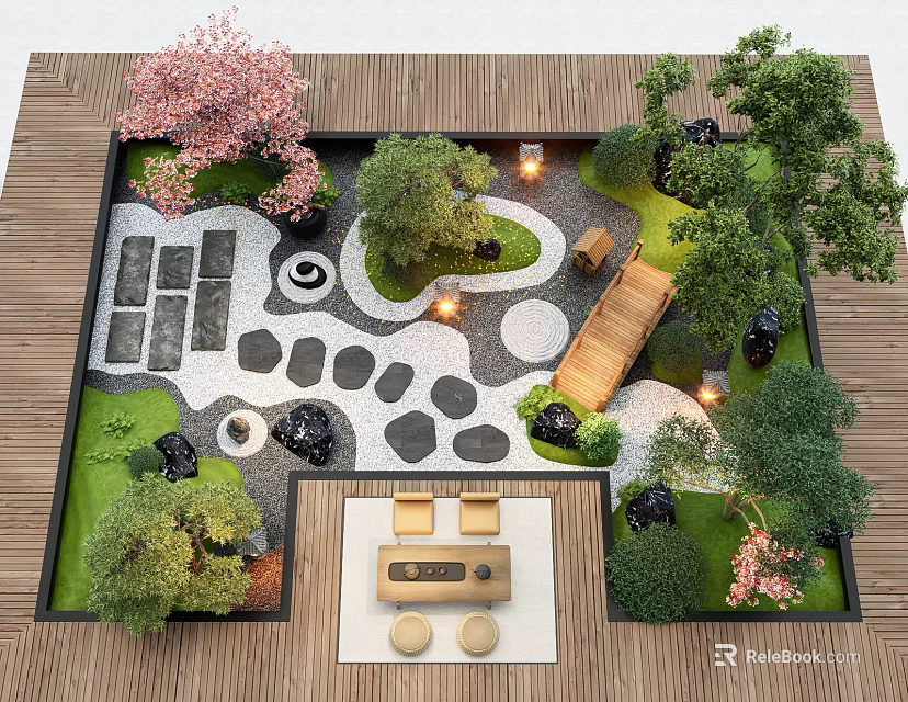 Serene Courtyard Garden with Cherry Blossom Trees Stone Path Lanterns and Wooden Accents 3d model 