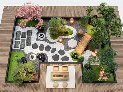 Serene Courtyard Garden with Cherry Blossom Trees Stone Path Lanterns and Wooden Accents 3d model
