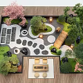 Serene Courtyard Garden with Cherry Blossom Trees Stone Path Lanterns and Wooden Accents