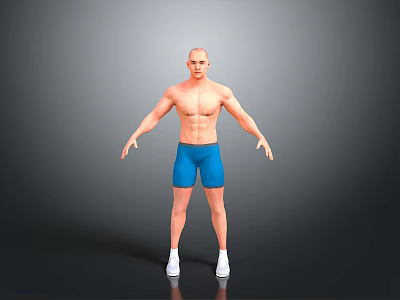Muscular Bald Man In Blue Shorts And White Shoes Standing On Gray Background 3d model