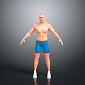Muscular Bald Man In Blue Shorts And White Shoes Standing On Gray Background