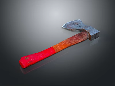 Vintage Axe Weapon With Metal Head And Red Brown Wooden Handle On Smooth Surface 3d model