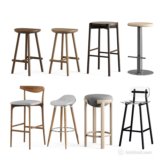 Various Modern Bar Stools With Wooden Metal Frames And Different Backrest Designs 3d model
