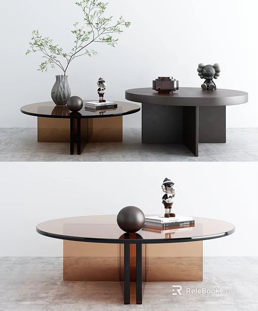 Modern Round Coffee Table With Brown Black Base And Decorative Vase Sculpture Books 3d model 