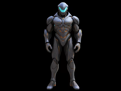 Futuristic Game Movie Character in Gray Armor with Blue Glowing Visor and Orange Accents 3d model