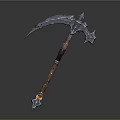 Ornate Scythe Weapon With Metal Blade Blue Accents And Wooden Handle