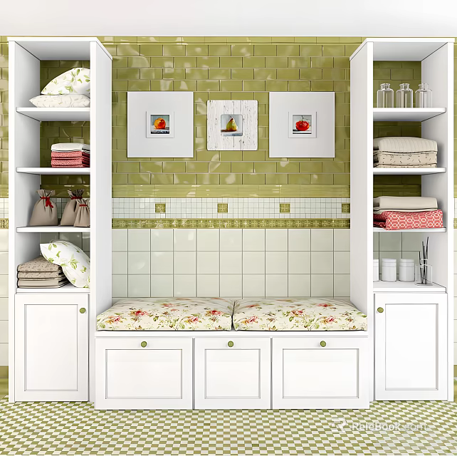 White Bathroom Cabinet Shelves With Green Tiled Wall Floral Cushion Towels And Framed 3d model 