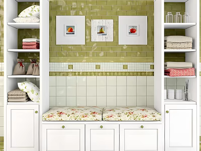 White Bathroom Cabinet Shelves With Green Tiled Wall Floral Cushion Towels And Framed 3d model