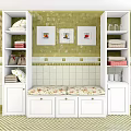 White Bathroom Cabinet Shelves With Green Tiled Wall Floral Cushion Towels And Framed