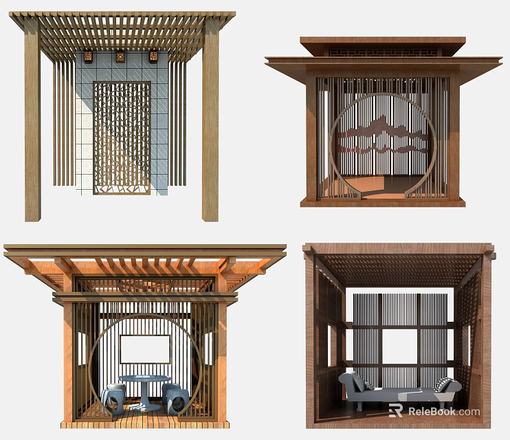 Traditional Chinese Gazebo Structures With Wooden Frames Carved Lattice Circular Doorways And Modern Roof Designs 3d model 