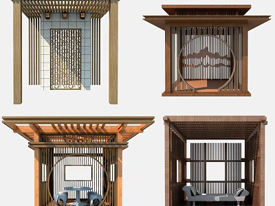 Traditional Chinese Gazebo Structures With Wooden Frames Carved Lattice Circular Doorways And Modern Roof Designs 3d model