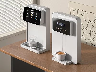 Modern White Kitchen Appliances With Digital Display Glass Cup And Coffee Cup On Wooden Table 3d model
