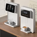 Modern White Kitchen Appliances With Digital Display Glass Cup And Coffee Cup On Wooden Table