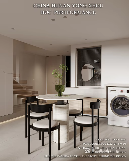 Soft Neutral Toned Modern Dining And Living Space With Round Marble Table And Elegant Chairs 3d model 