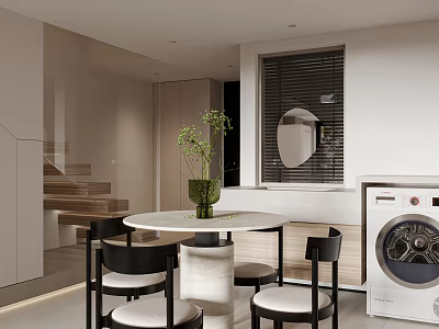 Soft Neutral Toned Modern Dining And Living Space With Round Marble Table And Elegant Chairs 3d model