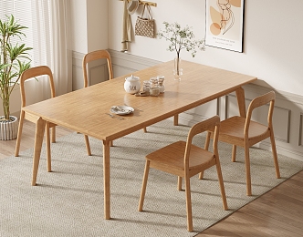 Modern Log Style Dining Table and Chair Combination Solid Wood Dining Table Bar Dining Table Solid Wood Backrest Chair Dining Chair Vase Ornaments 3d model