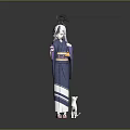Game Anime Character With White Gray Hair Blue Kimono Headdress Holding Tray And White Cat