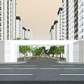 Modern Entrance Gate With Marble Structure And Greenery Near High-Rise Buildings