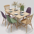 Modern Dining Table Set With Colorful Chairs And Decorative Plants 3d model