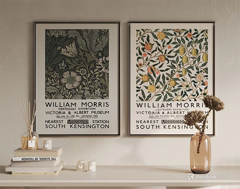 William Morris Decorative Prints With Floral Patterns And Home Decor On Wall 3d model 