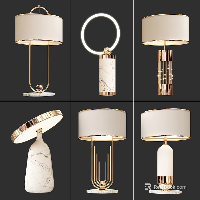 Modern Table Lamps With White Lampshades Gold Metal Bases And Marble Accents 3d model 