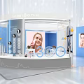 Modern Circular Exhibition Booth With Blue White Design Product Display Digital Screens And Green Plants