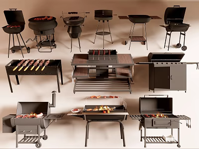 Various Types Of Outdoor Barbecue Grills With Wheels And Skewers For Backyard Cooking 3d model