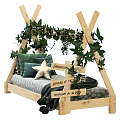 Kids Bed With Wooden Frame Green Vines Decor Adventure Theme Dinosaur Pillow Green Gray Bedding