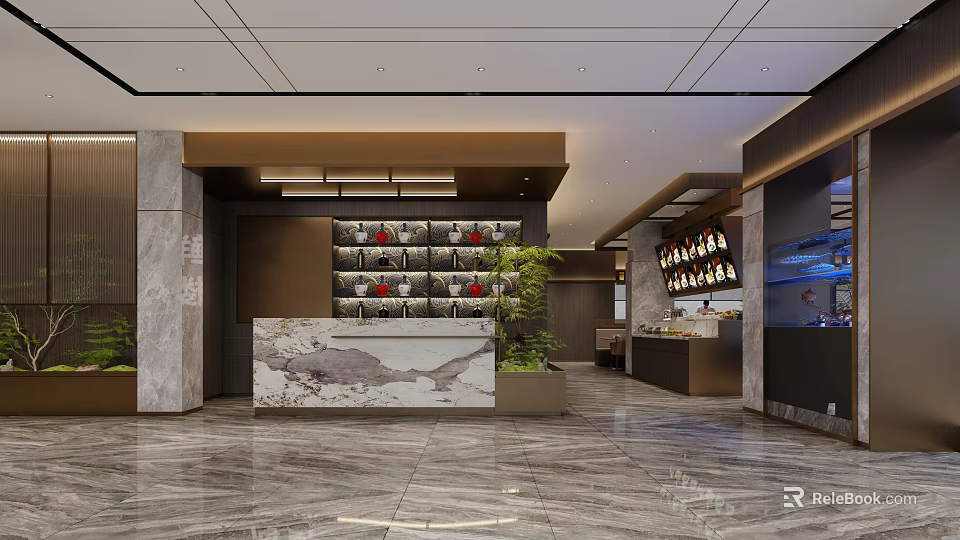 Modern Restaurant Lobby With Marble Reception Counter Wine Racks And Green Plants 3d model 