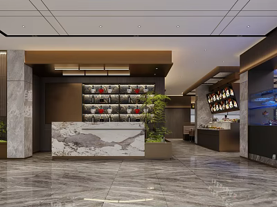 Modern Restaurant Lobby With Marble Reception Counter Wine Racks And Green Plants 3d model