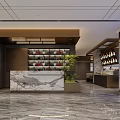 Modern Restaurant Lobby With Marble Reception Counter Wine Racks And Green Plants