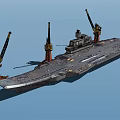 Large Warship Under Construction At Dock With Red Cranes On Water