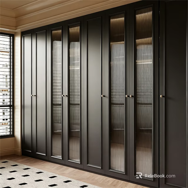 Modern Dark Colored Built in Wardrobe With Glass Doors And Sleek Design 3d model 
