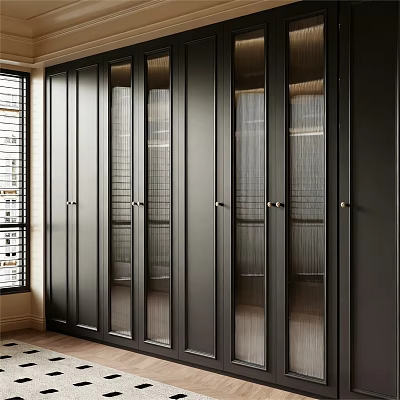 Modern Dark Colored Built in Wardrobe With Glass Doors And Sleek Design 3d model