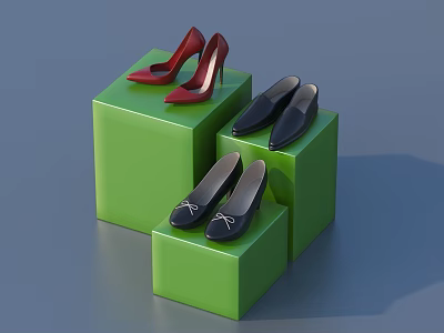Stylish Shoes Displayed on Green Cubes Including Red High Heels and Black Pairs 3d model