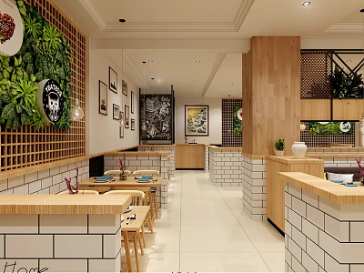 Warm Modern Restaurant Interior With Wooden Elements Green Plant Wall Brick Walls Tables And Chairs 3d model
