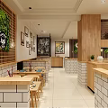 Warm Modern Restaurant Interior With Wooden Elements Green Plant Wall Brick Walls Tables And Chairs