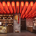 Chinese Restaurant Interior With Red Lanterns Bar Counter Brick Wall Seating Area 3d model