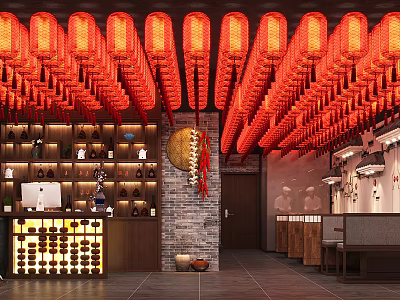 Chinese Restaurant Interior With Red Lanterns Bar Counter Brick Wall Seating Area 3d model