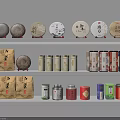 Well Organized Shelf Display Of Daily Necessities With Tea Cakes Packages Tins And Boxes