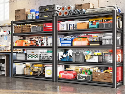 Heavy Duty Industrial Shelving Unit With Stacked Storage Containers Tool Boxes And Crates 3d model