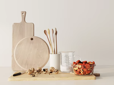 Kitchen Tools Including Wooden Cutting Boards Spoons Measuring Cup on White Countertop with Dried Fruits 3d model