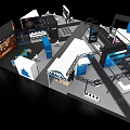 HARMAN Exhibition Booth Design With Blue Backdrops Reception Desk And Product Displays