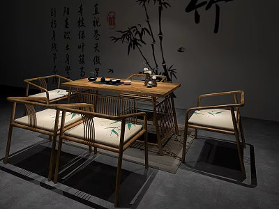 Traditional Chinese Style Tea Table and Chairs with Bamboo Calligraphy and Cushions 3d model