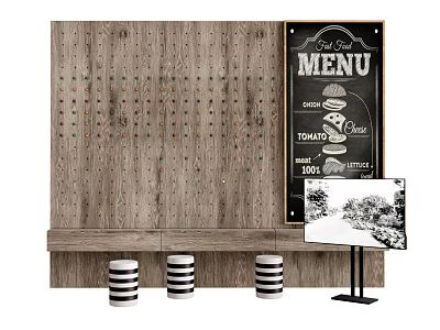 Rustic Wooden Wall Decor With Chalkboard Menu Striped Jars And Framed Art 3d model
