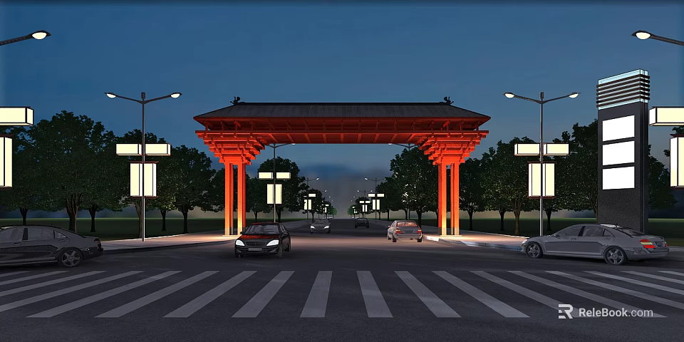 Red Traditional Entrance Gate Illuminated at Night With Trees Street Lamps and Passing Cars 3d model 