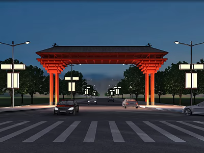 Red Traditional Entrance Gate Illuminated at Night With Trees Street Lamps and Passing Cars 3d model