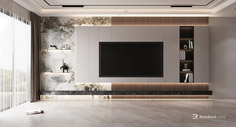 Modern TV Background Wall Design With Marble Panel Wooden Strips And LED Lighting 3d model